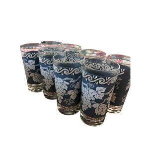 Vintage Hazel Atlas MCM Set Of 8 Vintage Frosted Glass Tumblers With Grape & Vin